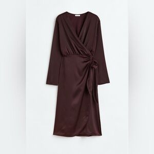 H&M SATIN WRAP-FRONT DRESS BURGUNDY / BROWN LONG SLEEVE
